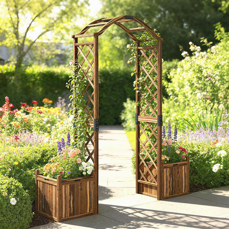 Wooden Garden Arch with Planter Boxes and Trellis Sides for Climbing Plants Carbonised