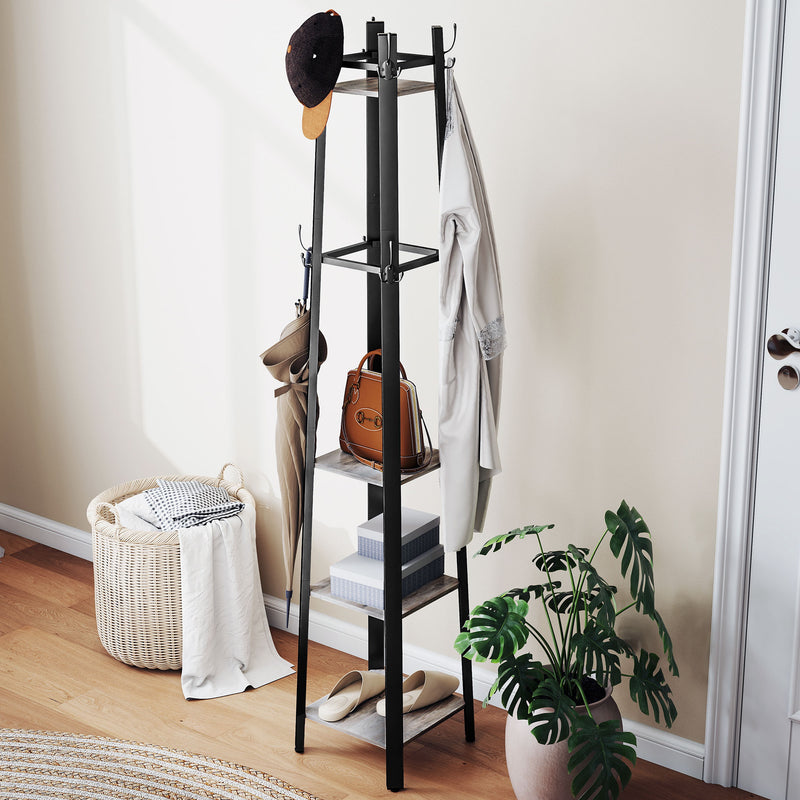 Industrial Freestanding Coat Rack with 8 Hooks and Storage Shelves for Hallway, Grey
