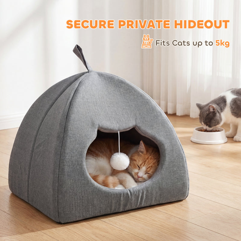 Cat House with Reversible Cushion and Toy Ball for Cosy Indoor Rest Grey White AOSOM