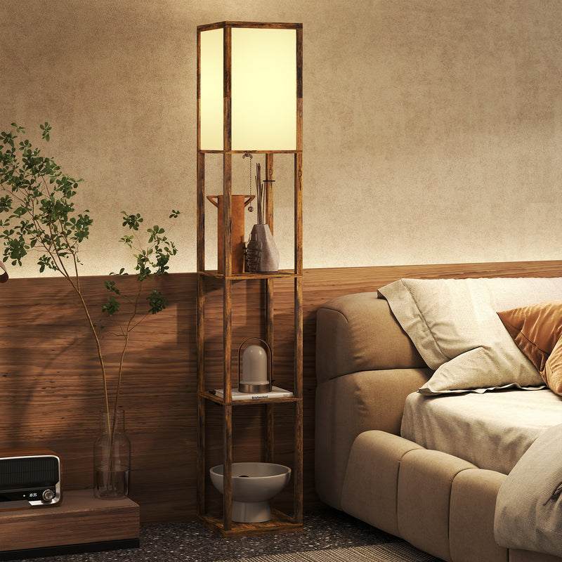 Floor Lamp With Shelves For Living Room or Bedroom - USB Charging Ports, Rustic Brown Homcom