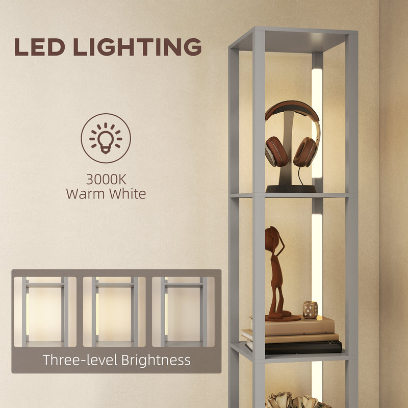 LED Floor Lamp with Shelves and Fabric Drawer Adjustable Brightness for Living Room Grey