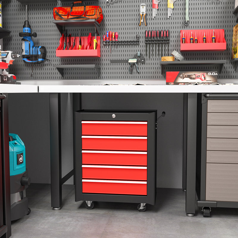 5 Drawer Lockable Steel Tool Chest With Wheels And Handle For Garage Or Workshop Red