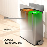 56L Dual Kitchen Recycling Pedal Bin with Soft Close Lid and Removable Buckets Silver