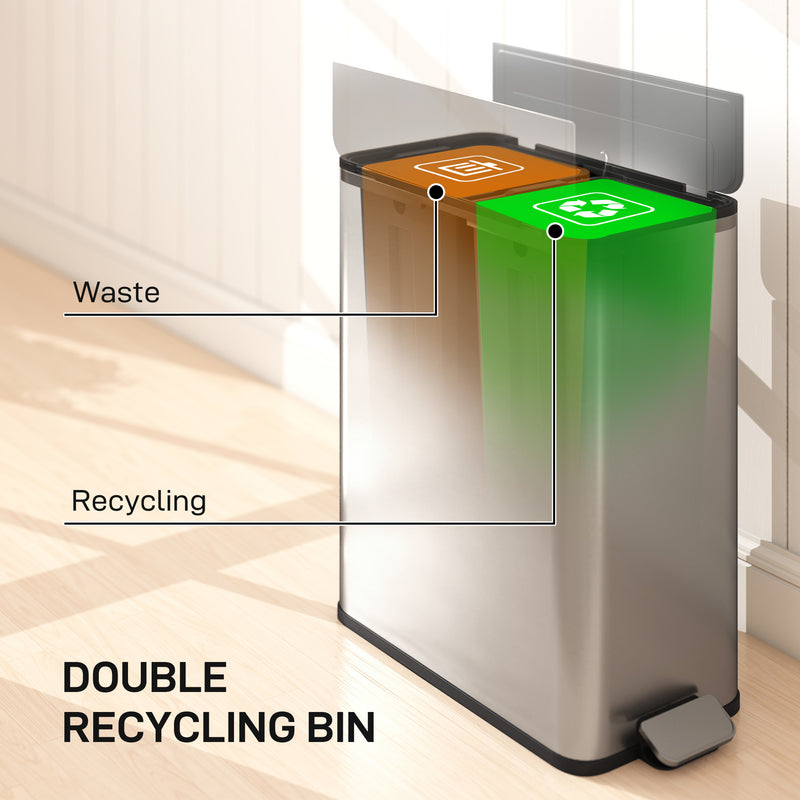 56L Dual Kitchen Recycling Pedal Bin with Soft Close Lid and Removable Buckets Silver