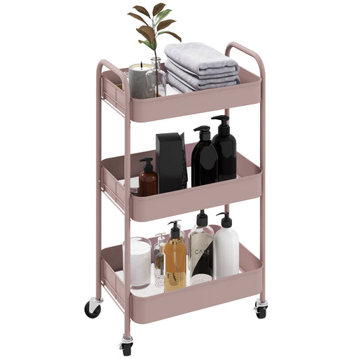 Pink Three Tier Steel Storage Trolley with Wheels for Home Office or Salon by HOMCOM