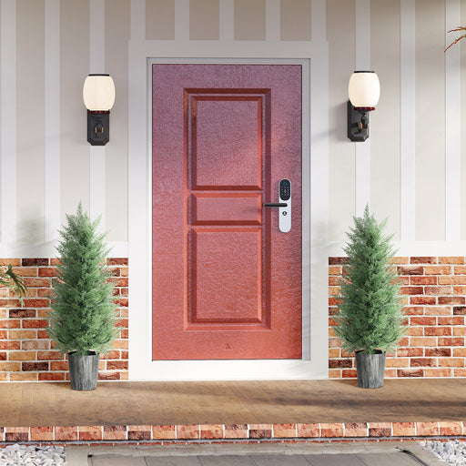 Set of 2 UV Resistant Artificial Cypress Trees with Decorative Pots for Indoor Outdoor Use, Green