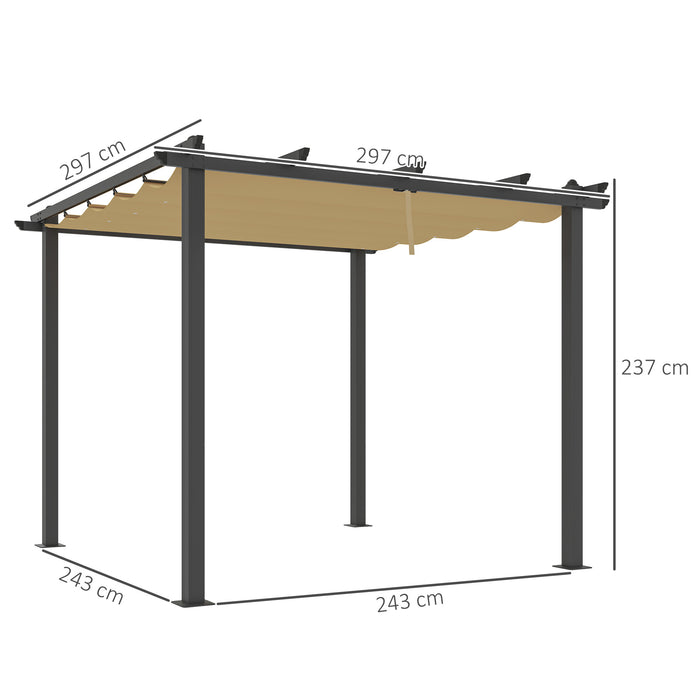 Khaki 3 x 3m Aluminium Pergola with Retractable Roof for Garden and Patio by Outsunny