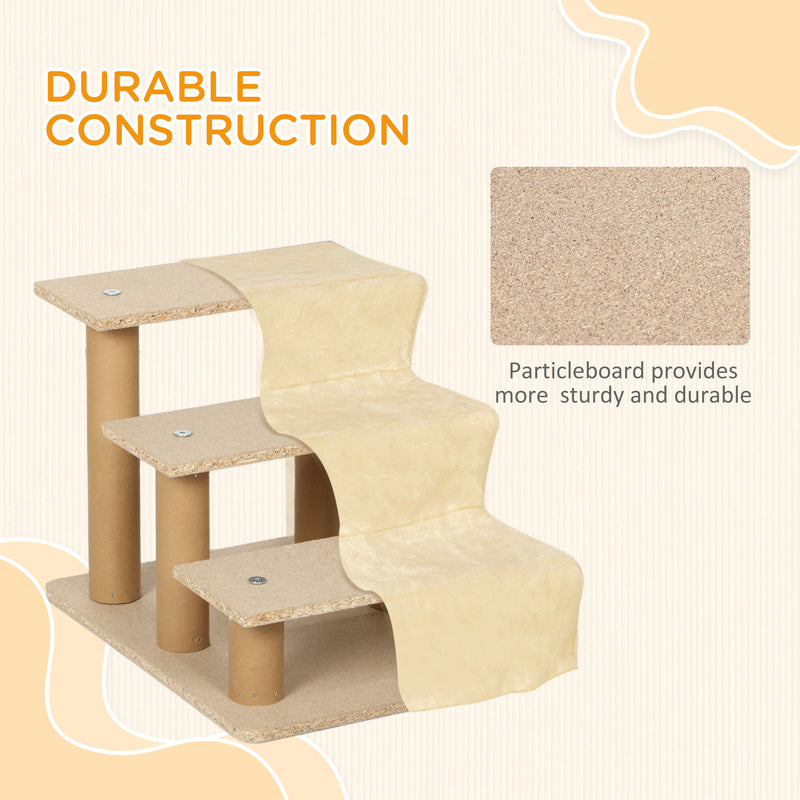 Beige Three Step Dog Stairs with Washable Plush Cover for Small Dogs and Cats by PawHut