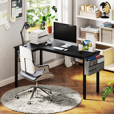 Black L Shaped Gaming Desk with Hooks Storage Bag and Cable Management