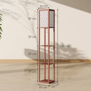 Brown Standing Floor Lamp With Three Shelves and White Fabric Shade for Living Room