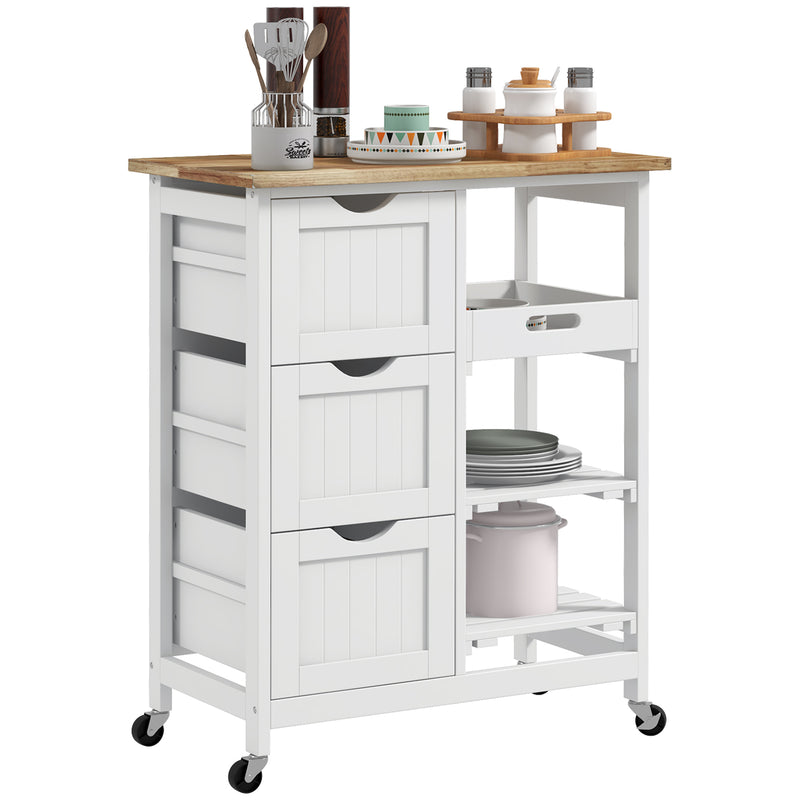 Rolling Kitchen Island Trolley with Drawers and Shelves for Dining or Bar Use White