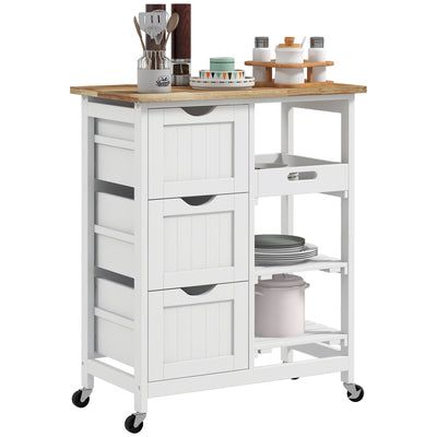 Rolling Kitchen Island Trolley with Drawers and Shelves for Dining or Bar Use White