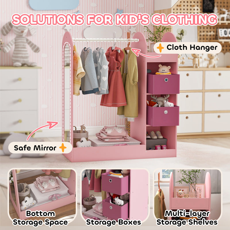 Kids Clothes Rail with Storage Shelf Mirror and Boxes for Bedroom or Nursery Pink by AIYAPLAY