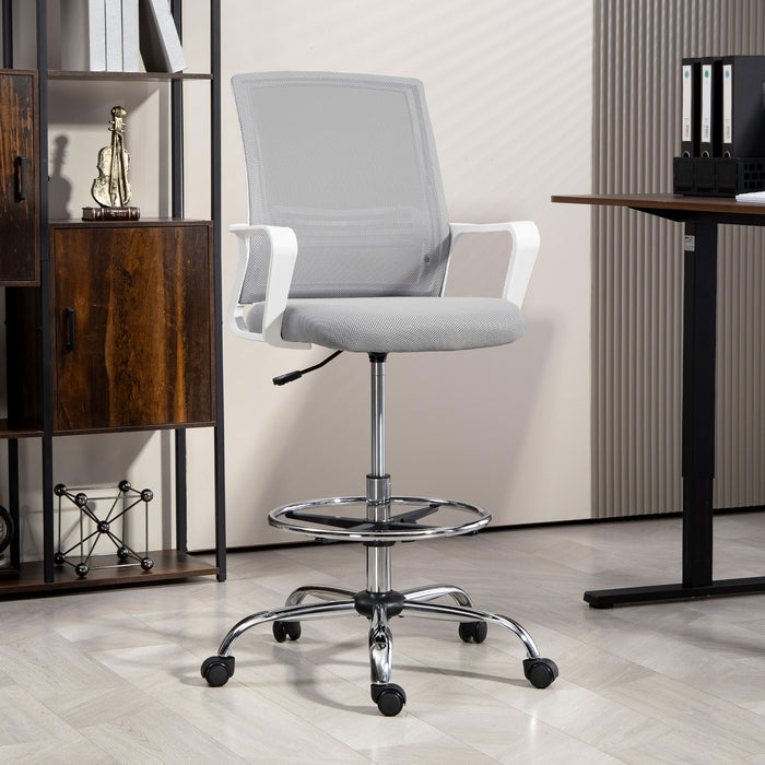 Grey Ergonomic Mesh Drafting Chair with Lumbar Support and Adjustable Foot Ring by HOMCOM