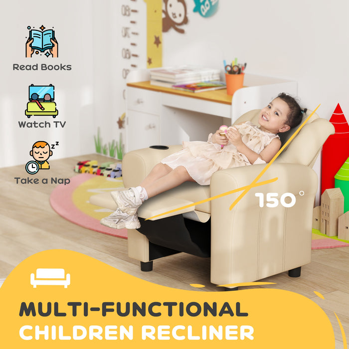 Kids Recliner Chair PU Leather with Adjustable Backrest Footrest and Padded Headrest Beige by HOMCOM