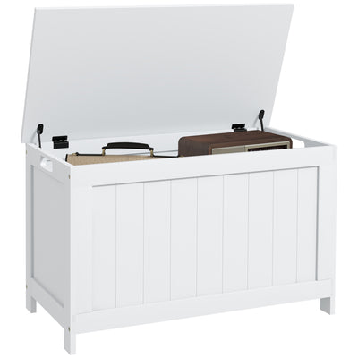 Wooden Toy Storage Chest With Safety Hinges and Cut Out Handles For Living Room, White