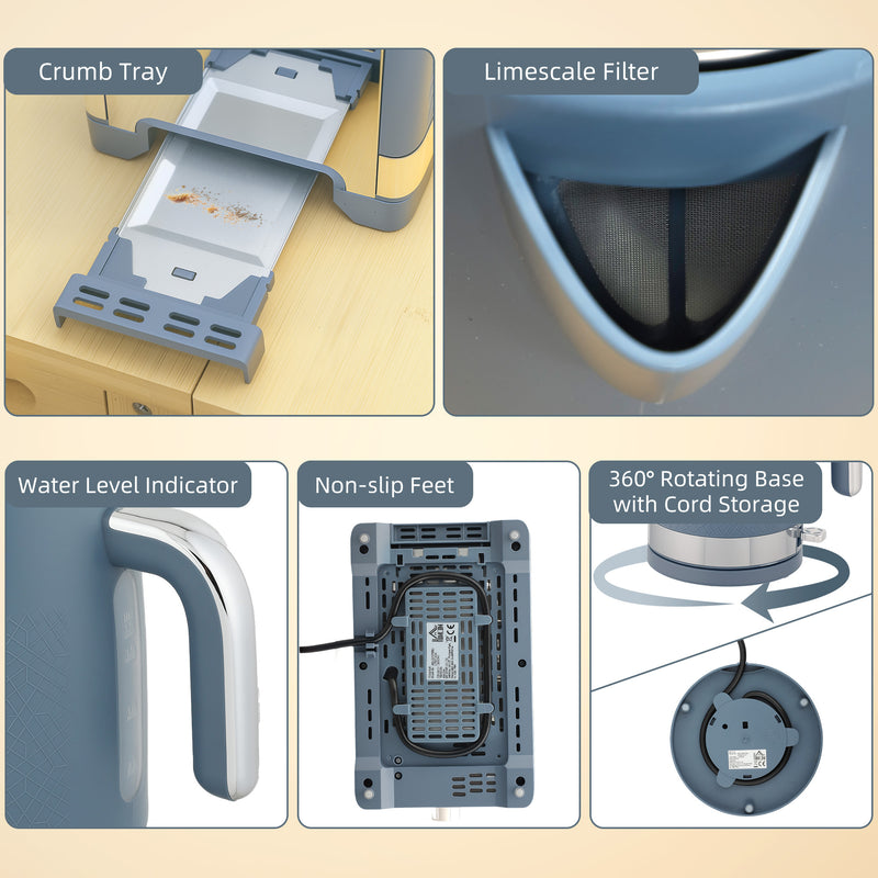 2 Slice Toaster and 1.7L Kettle Set with Textured Design for Modern Kitchens Blue