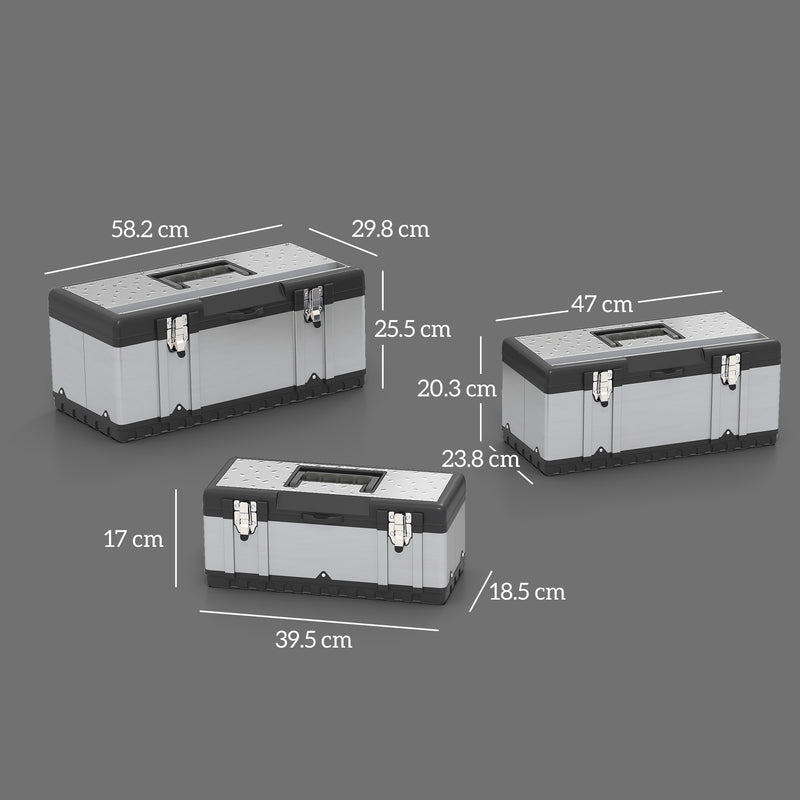 3 Piece Stainless Steel Toolbox Set With Carry Handles For Organised Tool Storage AOSOM