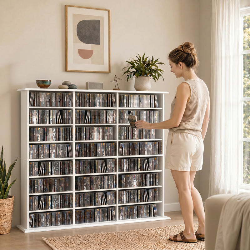 Media Storage Unit with Adjustable Shelves for CDs and DVDs Slim Space Saving