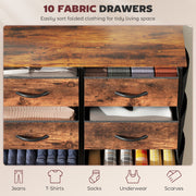 Tall Fabric Chest of Ten Drawers With Wood Top For Bedroom Or Hallway Storage, Rustic Brown