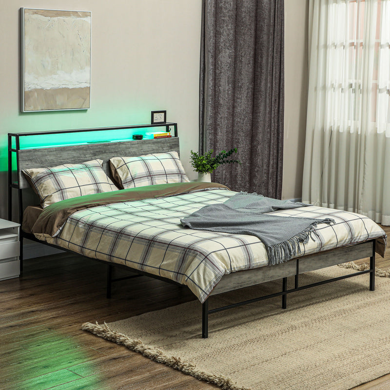 Grey Double Steel Bed Frame with LED Lights and Headboard Shelf by HOMCOM