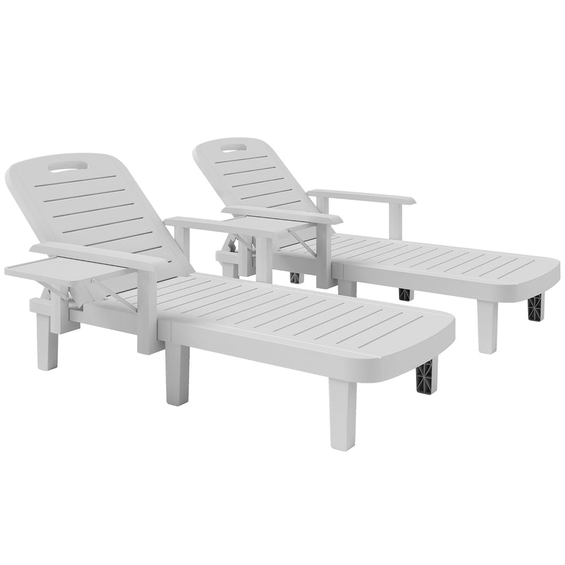 Set of 2 White Reclining Sun Loungers with Foldable Table for Garden and Beach by Outsunny