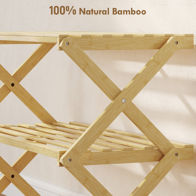 Three Tier Bamboo Shoe Rack Space Saving Foldable Storage Shelf Unit Natural Finish