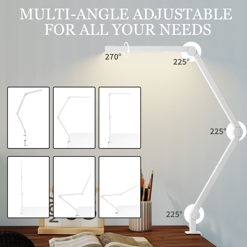 Dimmable LED Desk Lamp with Adjustable Swing Arm and Clamp for Office or Study White