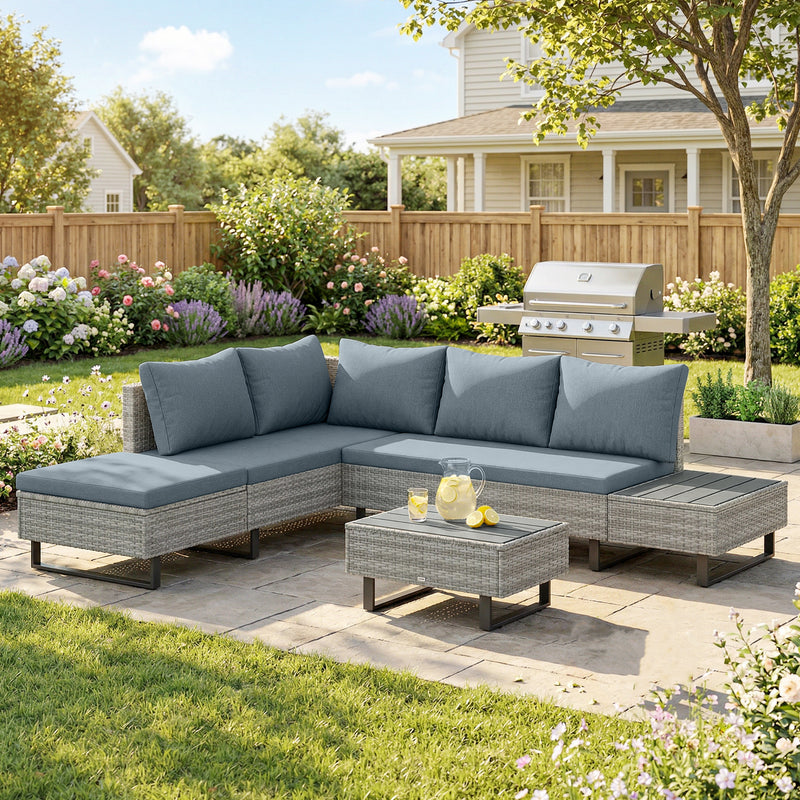 Rattan Corner Sofa Set with Adjustable Backrest for Spacious Outdoor Lounging, Grey