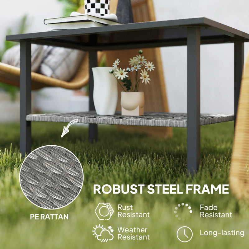 Outdoor Rattan Coffee Table with Tempered Glass Top and Storage Shelf for Patio Balcony Mixed Grey by Outsunny