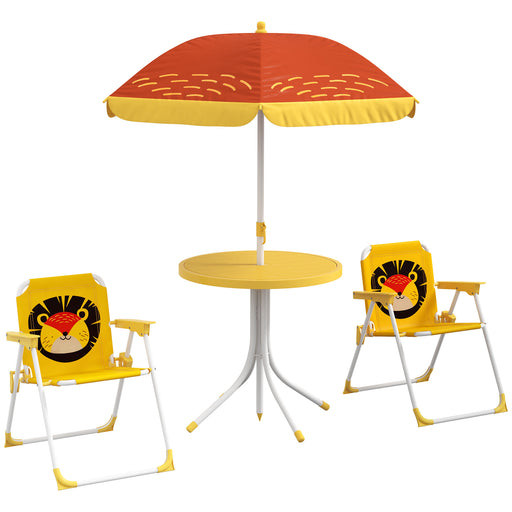Yellow Kids Garden Picnic Table Set With Lion Design Foldable Chairs And Parasol
