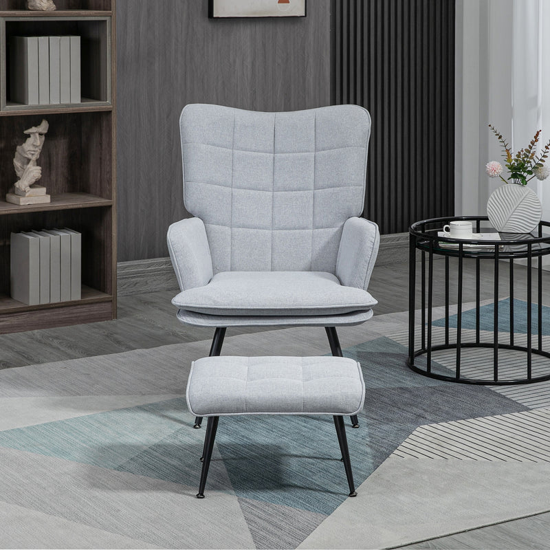 Linen Armchair with Footstool for Living Room or Bedroom Comfort and Support Light Grey