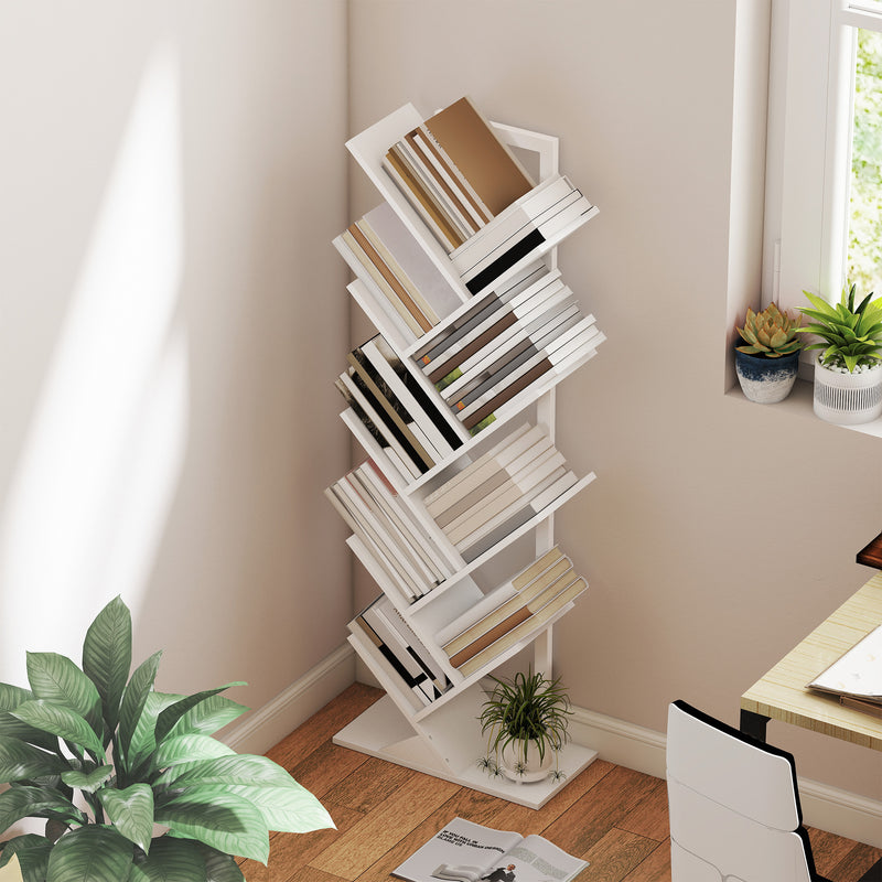 Tree Bookshelf with Eight Sections for Compact Book and Media Storage White AOSOM