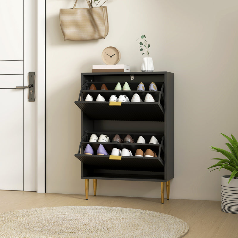 Slim Shoe Storage Cabinet with 2 Flip Drawers for Hallway or Entryway Black