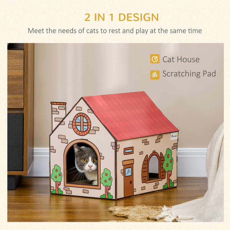 Two in One Cat House with Scratching Board and Catnip for Indoor Cats Brown