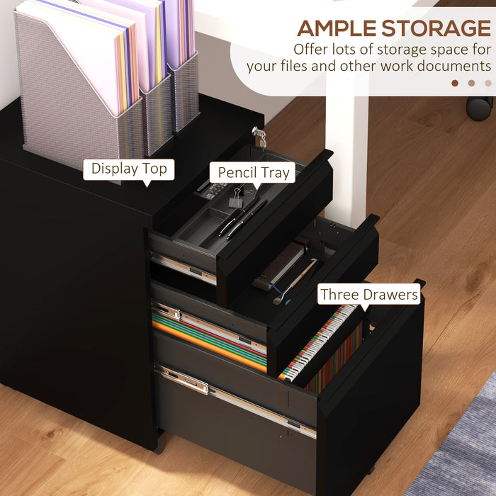 3 Drawer Steel Filing Cabinet With Lock For A4 Legal And Letter Files On Wheels, Black