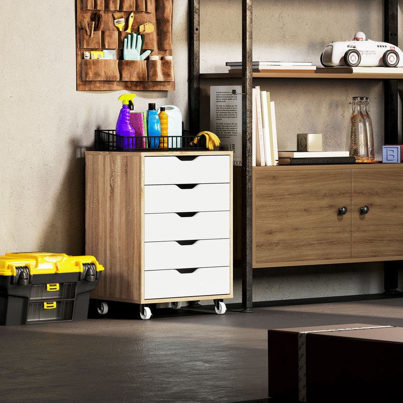Oak Brown 5 Drawer Filing Cabinet with Wheels for Home Office by Vinsetto