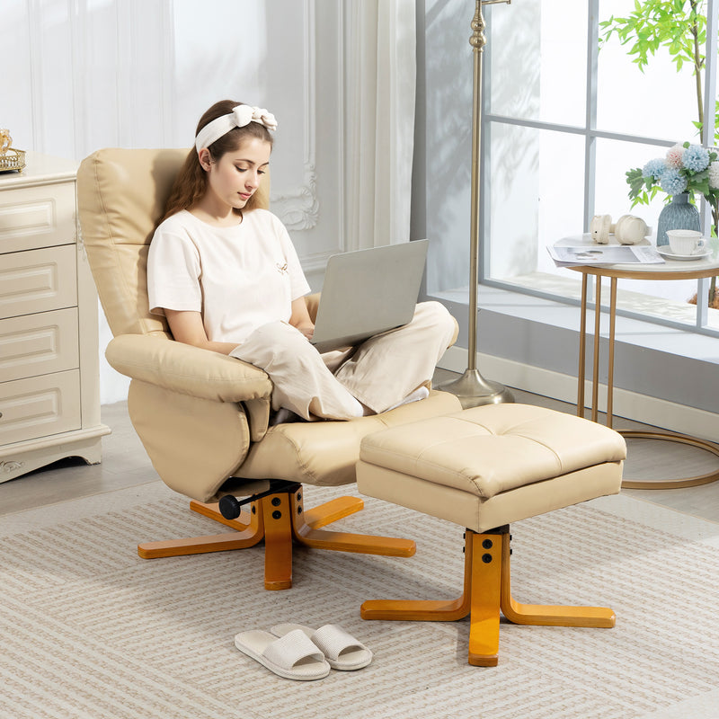 PU Leather Swivel Recliner Chair with Footstool and Storage for Lounge Comfort, Beige