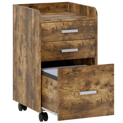 3 Drawer Mobile Filing Cabinet With Hanging File Storage And Edged Top Rustic Brown AOSOM
