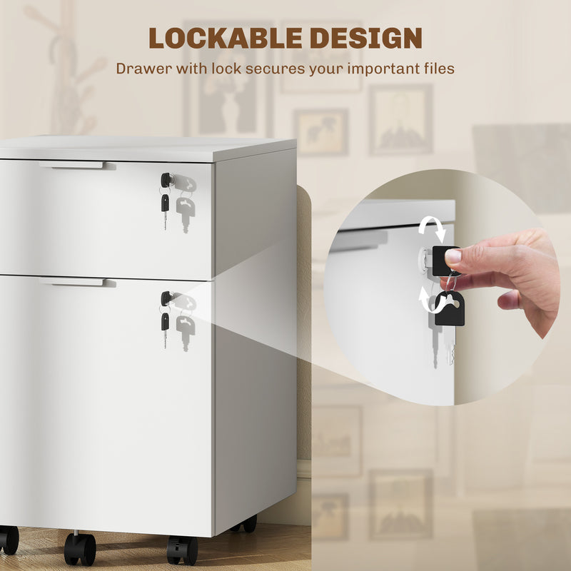 Lockable 2 Drawer Office Filing Cabinet with Wheels For Home or Office, 42W x 40D x 60H cm Homcom