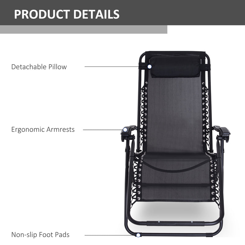 Set of 2 Zero Gravity Reclining Garden Chairs with Head Pillow for Outdoor Use, Black