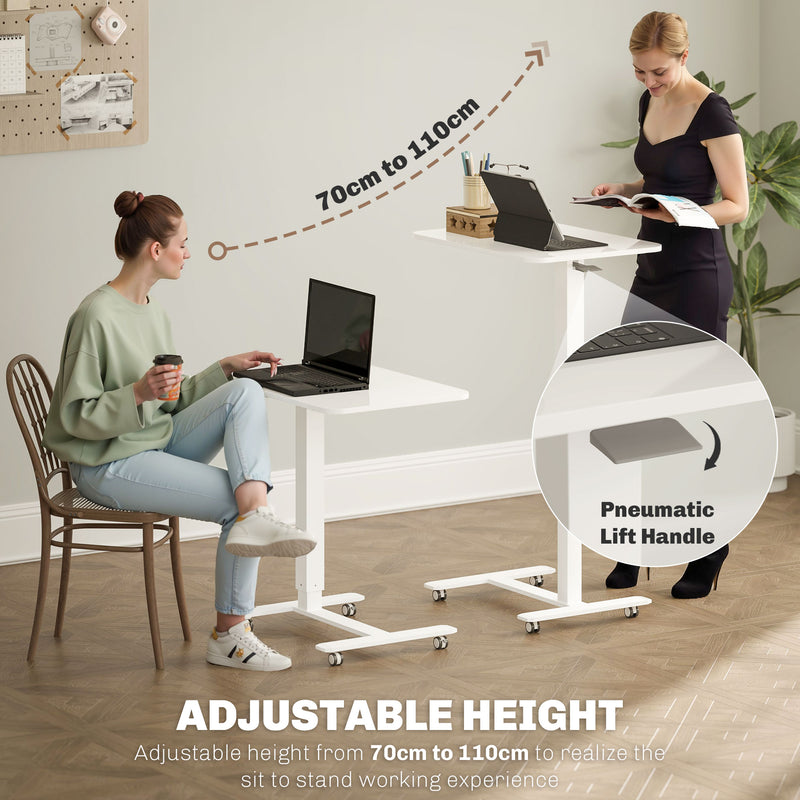 Height Adjustable Mobile Standing Desk With Wheels For Home Office Or Bed Use, White