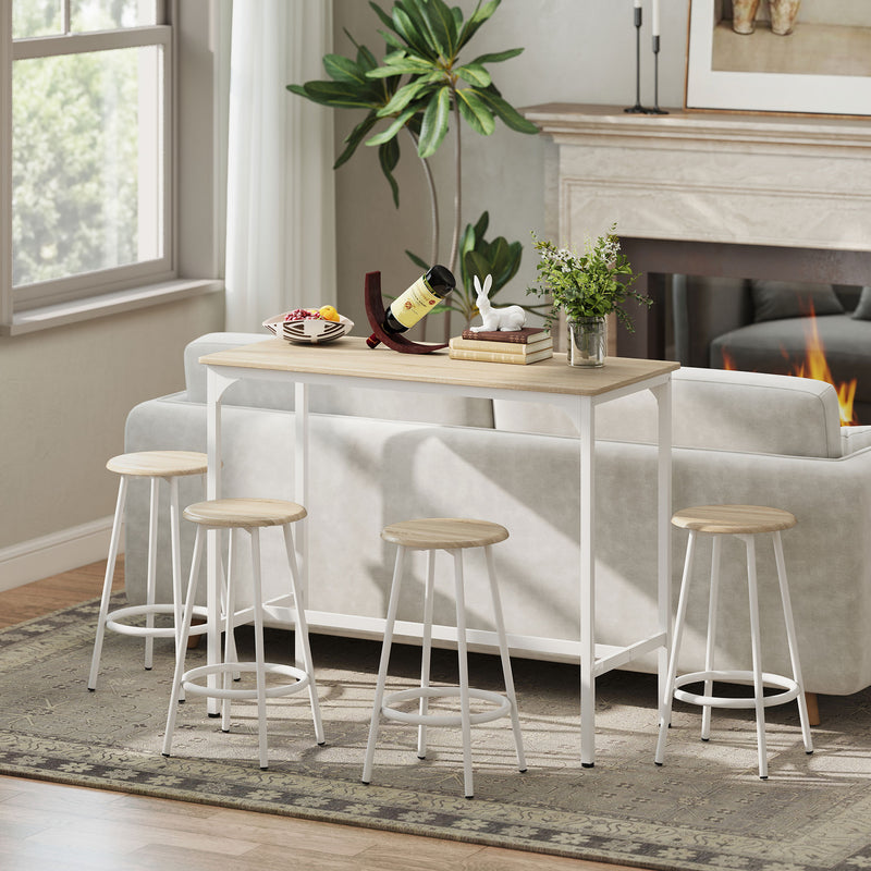 Breakfast Bar Table and Four Stools Set Space Saving for Small Kitchens Natural Wood White AOSOM