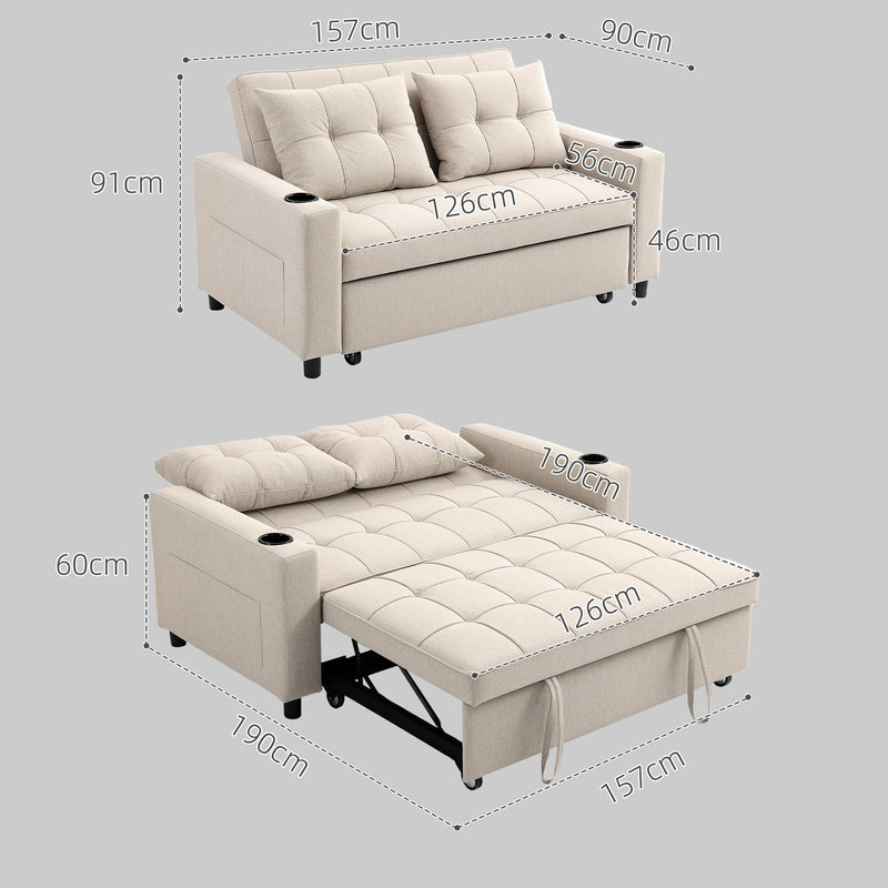 Two Seater Pull Out Sofa Bed with Storage Ideal for Guests and Small Spaces, Beige