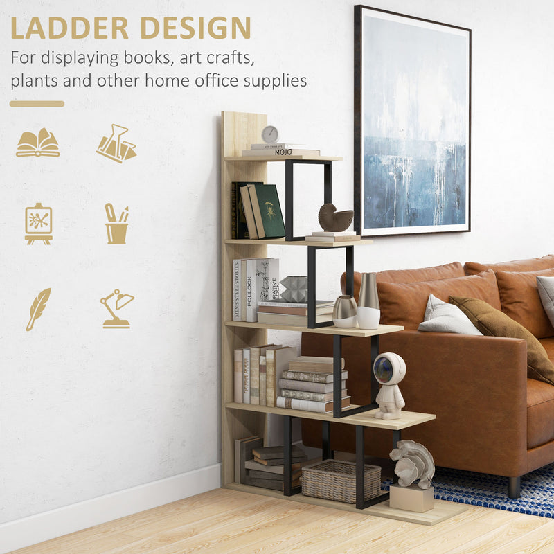 HOMCOM 5-Tier Bookcase, Wooden Ladder Bookshelf Display Stand, Oak AOSOM