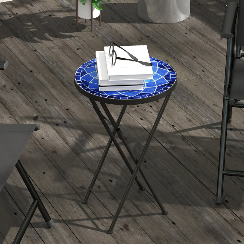 Folding Mosaic Garden Table for Patio or Balcony with Ceramic Top Navy Blue Outsunny