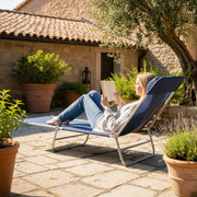 Folding Sun Lounger with Adjustable Headrest for Garden or Beach Use Dark Blue Outsunny