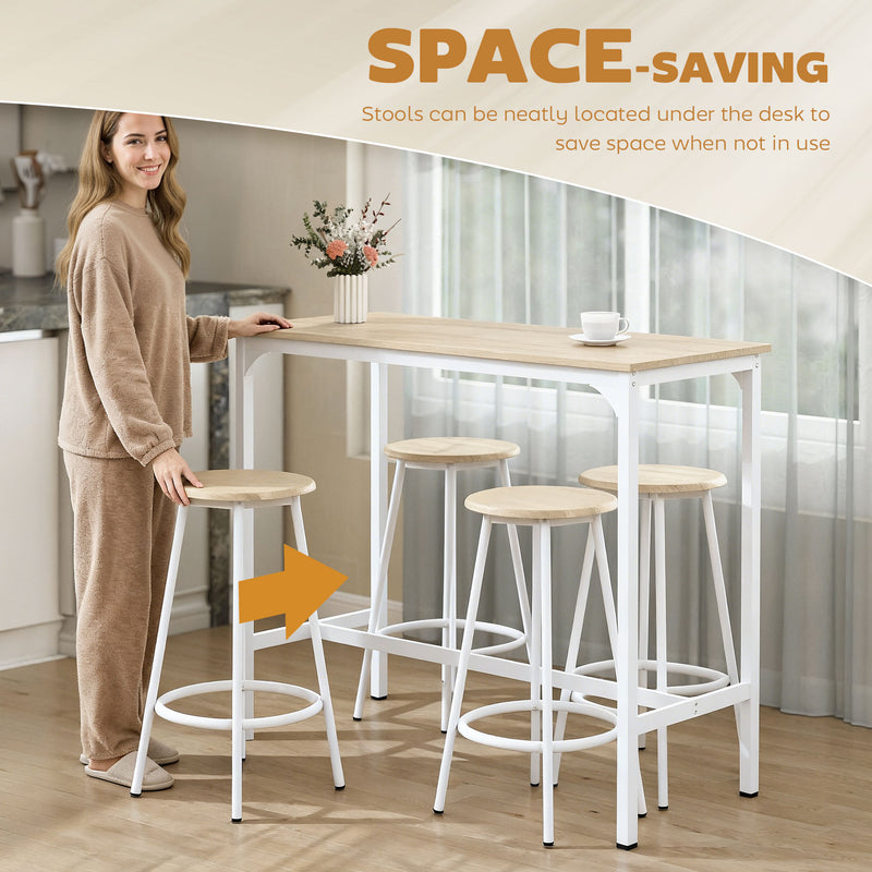 Breakfast Bar Table and Four Stools Set Space Saving for Small Kitchens Natural Wood White AOSOM