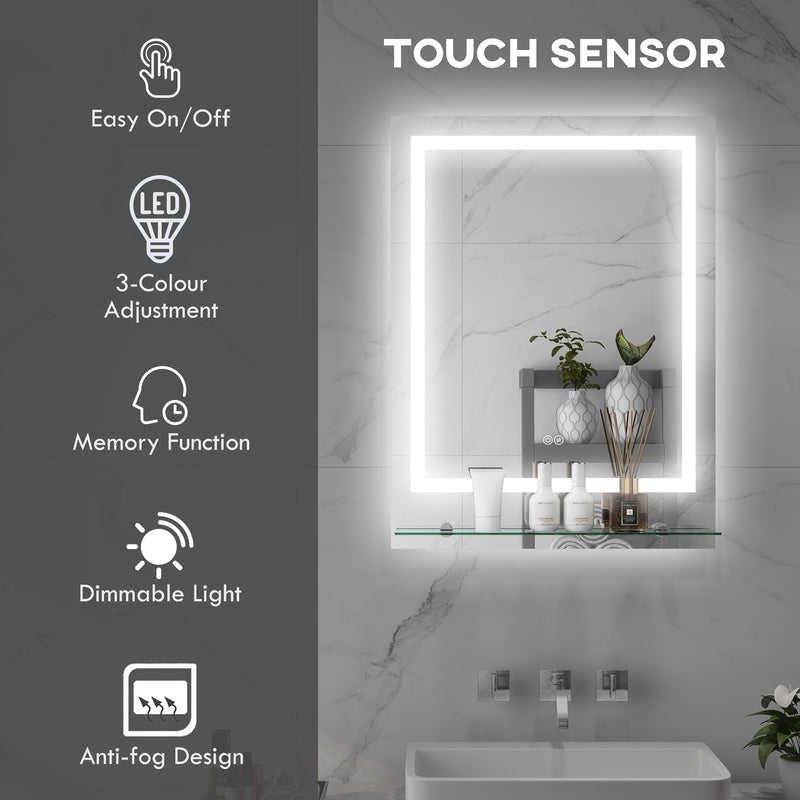 Large LED Bathroom Vanity Mirror with Shelf Smart Touch Anti Fog and 3 Light Settings White