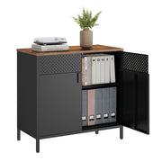 Rustic brown and black Vasagle storage cabinet with one perforated steel door open showing books